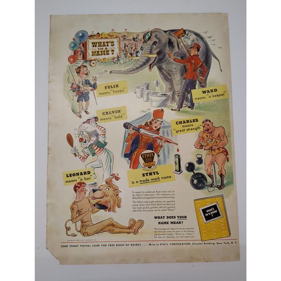 1943 Fun Circus Theme Ethyl Corp Print Ad What Does Your Name Mean 1940s Cartoon - Picture 8 of 8